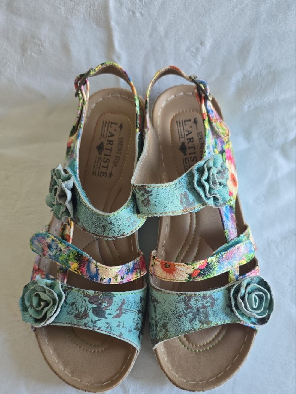 Joelina Floral Teal Women’s Slingback Sandals with Rosette Detail EU 41 US 10 - Picture 4 of 16